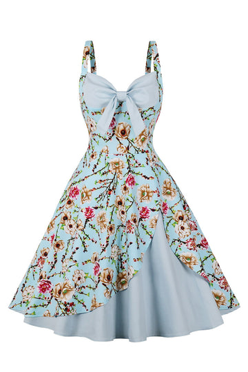 Blue Flower Spaghetti Straps 1950s Dress With Bow